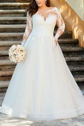 Ball Gown/Princess Illusion Neck Sweep Train Organza Plus Size Wedding Dress With Lace Appliques